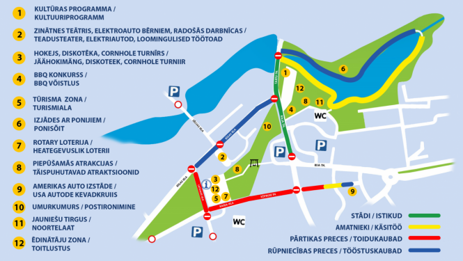 Stilizēta Valkas kartes daļa ar Robežtirgus aktivitātēm un satiksmes ierobežojošajām ceļa zīmēm
