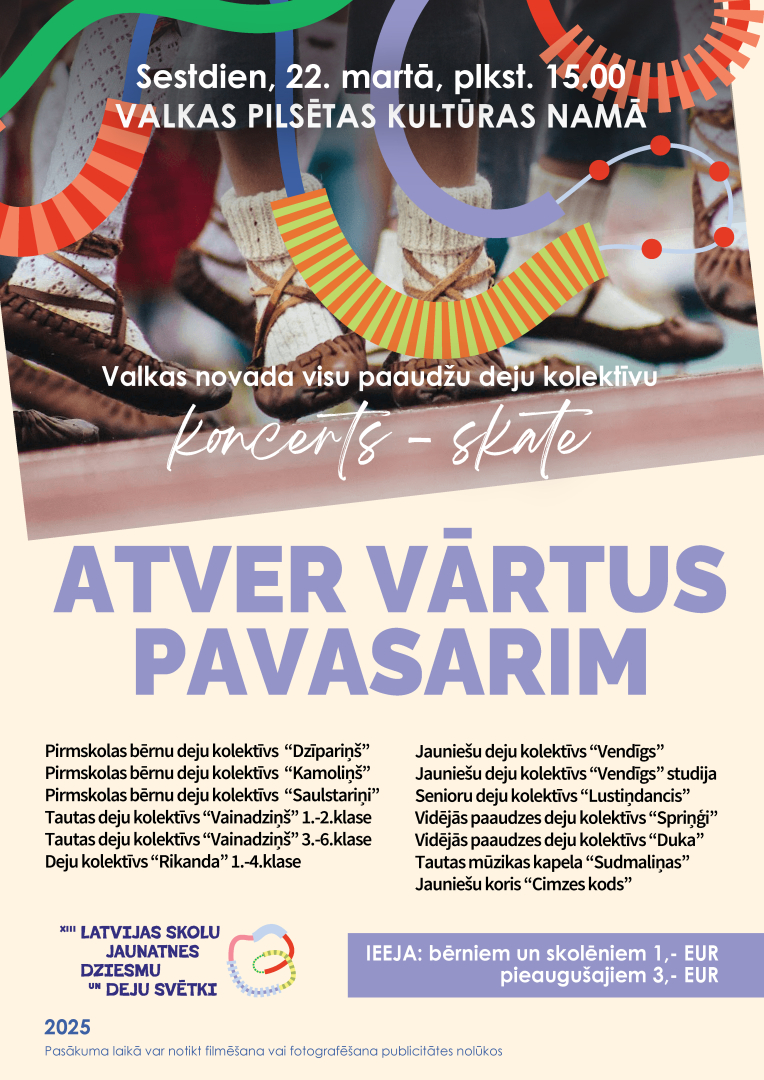 Krāsaina afiša ar deju kolektīvu nosaukumiem un foto ar dejošanas pastalām