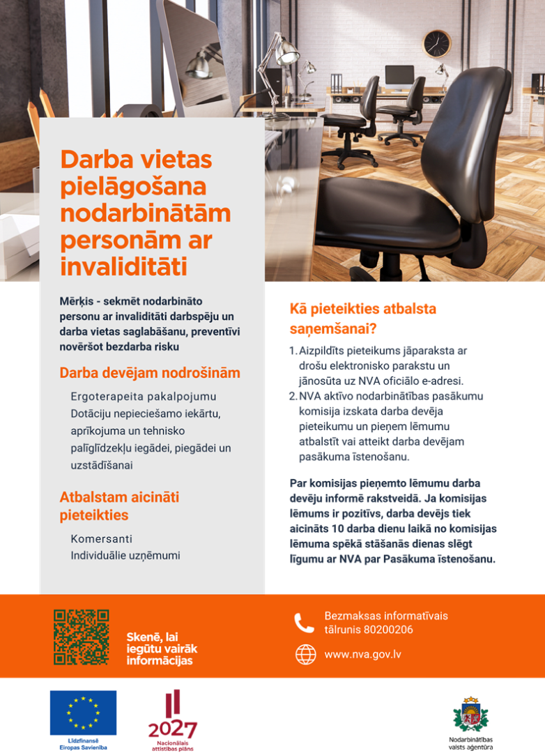 Afiša ar projekta aprakstu un bilde, kurā redzama ofisa telpa