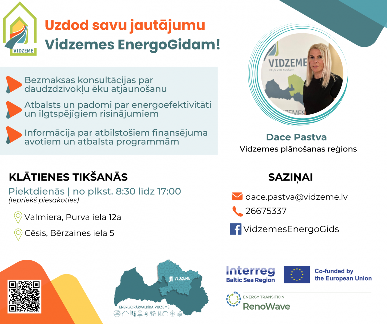 Balst baneris ar sievietes portretu un kontaktinformāciju