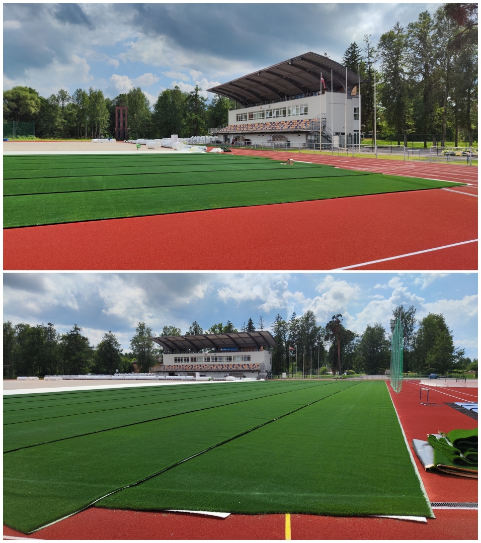 Stadions ar zaļo segumu no vairākiem rakursiem