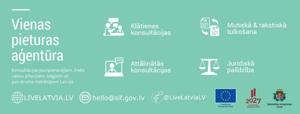 Zaļš baneris ar informāciju par sniegtajiem pakalpojumiem