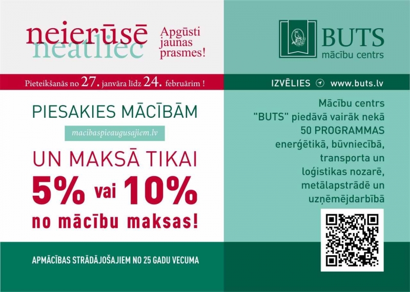 Mācību centrs "BUTS" piedāvā mācības pieaugušajiem