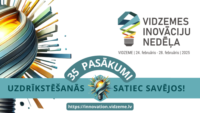 Baneris ar stilizētu spuldzīti, inovācijas nedēļas lozungu un logo