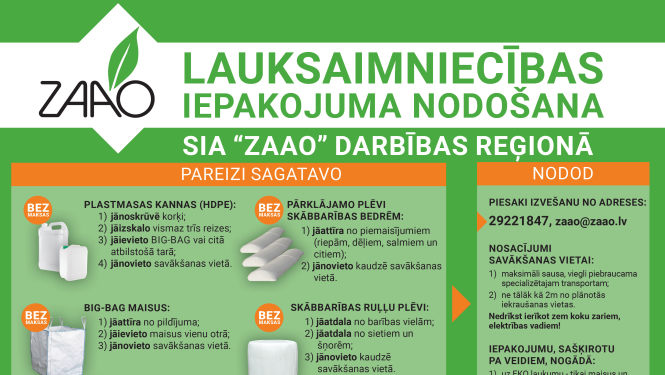Nodod lauksaimniecībā izmantoto iepakojumu ZAAO bez maksas