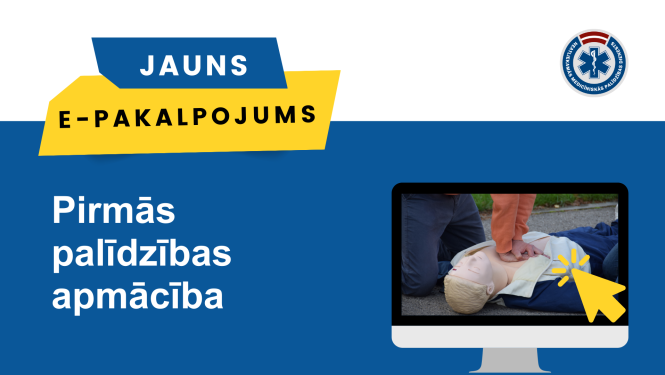 Zils baneris ar dzeltenu bultiņu, kas rāda uz datora monitoru