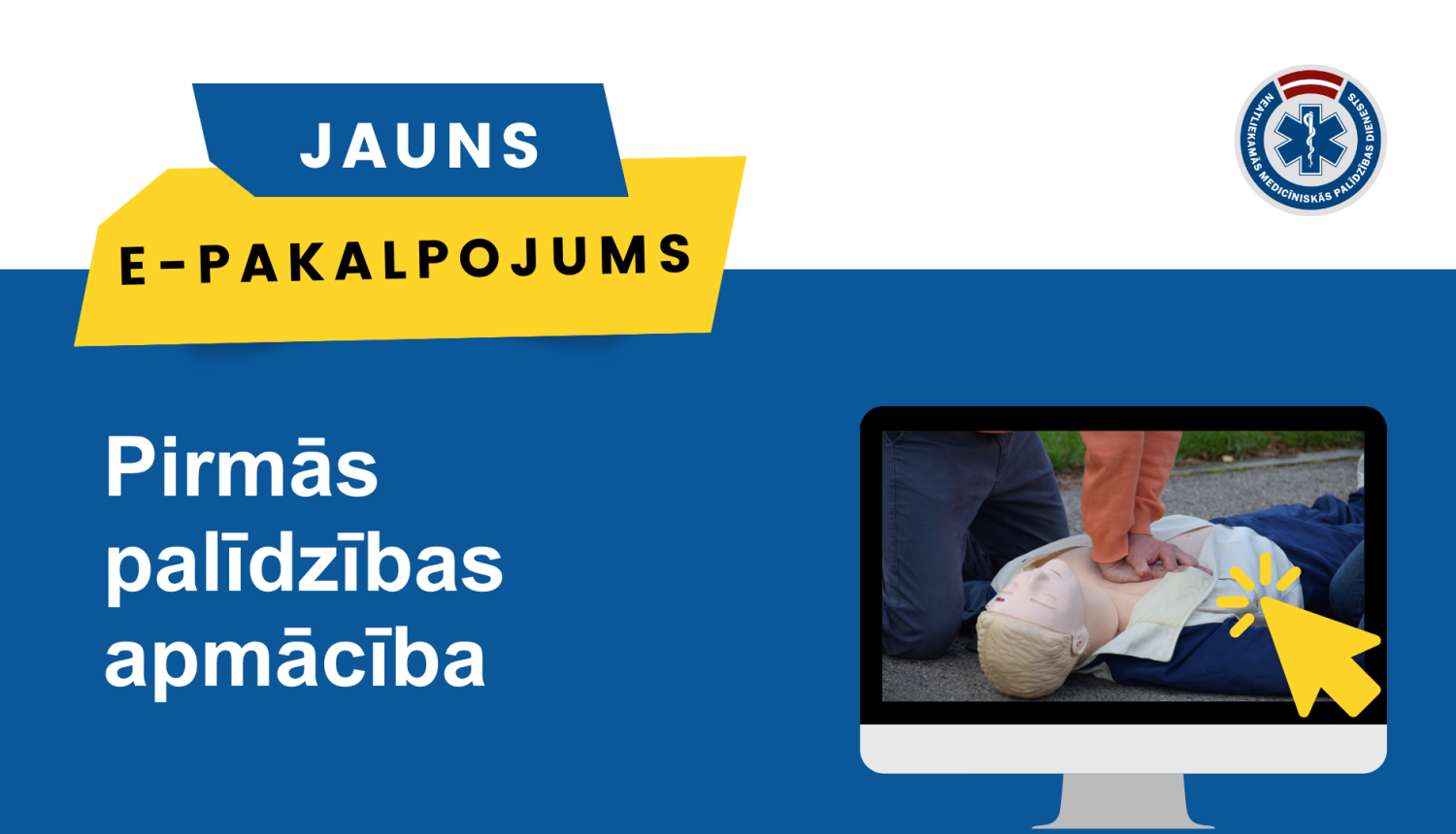 Zils baneris ar dzeltenu bultiņu, kas rāda uz datora monitoru