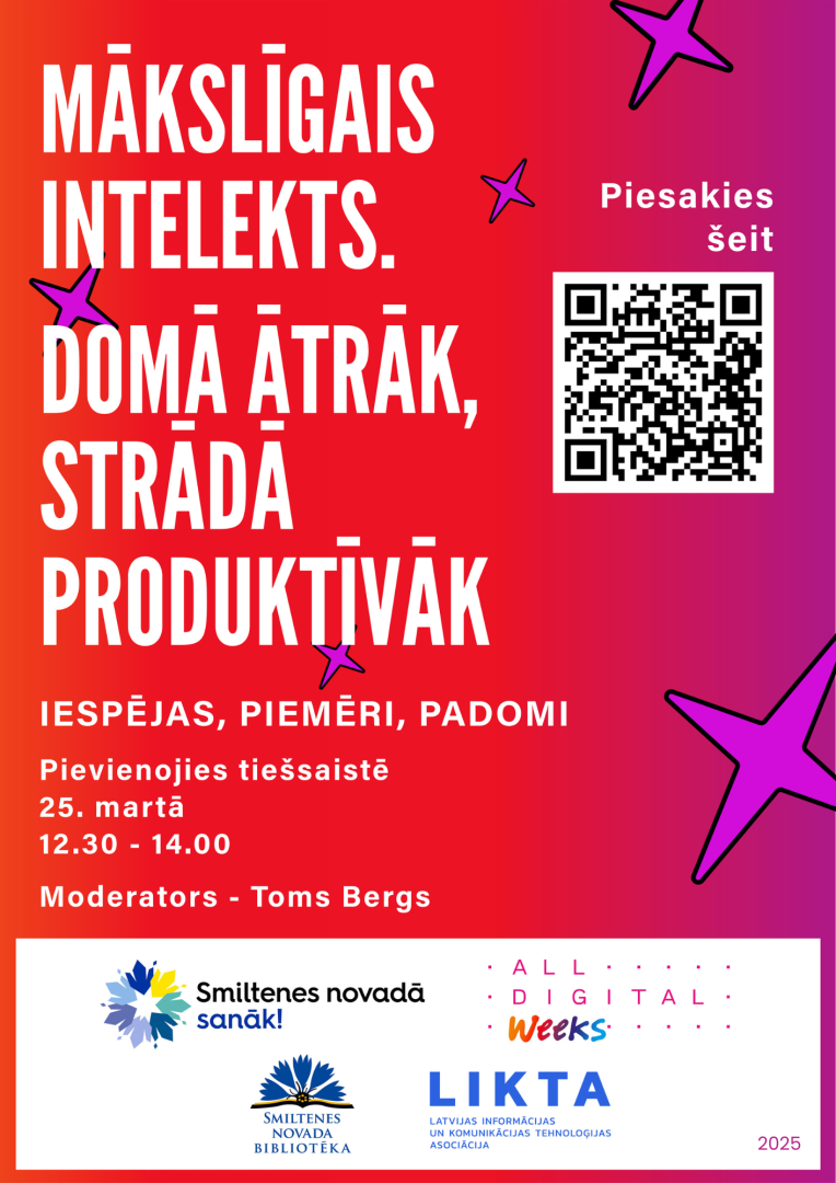 Sarkana afiša ar tekstu un QR kodu