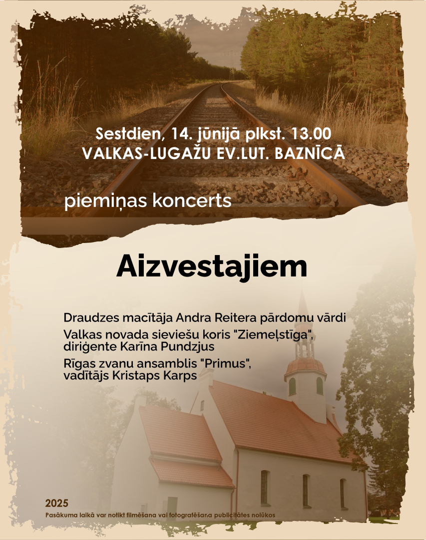 Afiša ar fotogrāfiju sēpijas tonī ar dzelzceļa sliedēm
