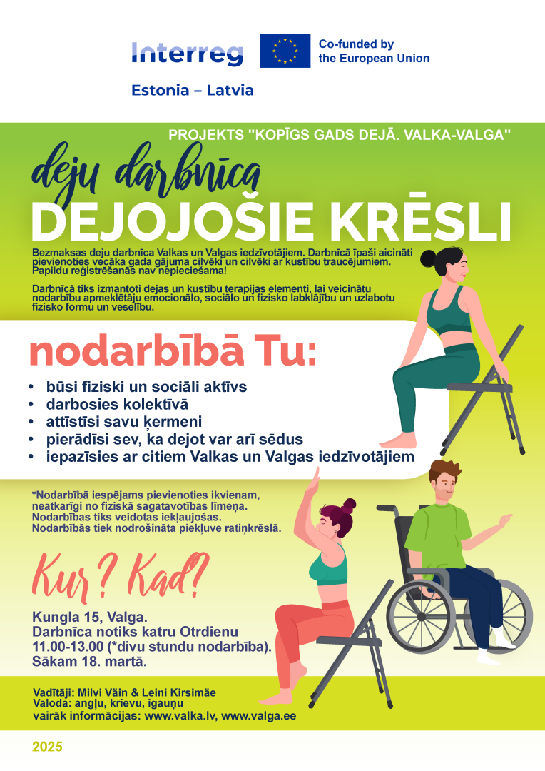 Krāsaina afiša ar tekstu un vingrotājiem krēslos un ratiņkrēslā