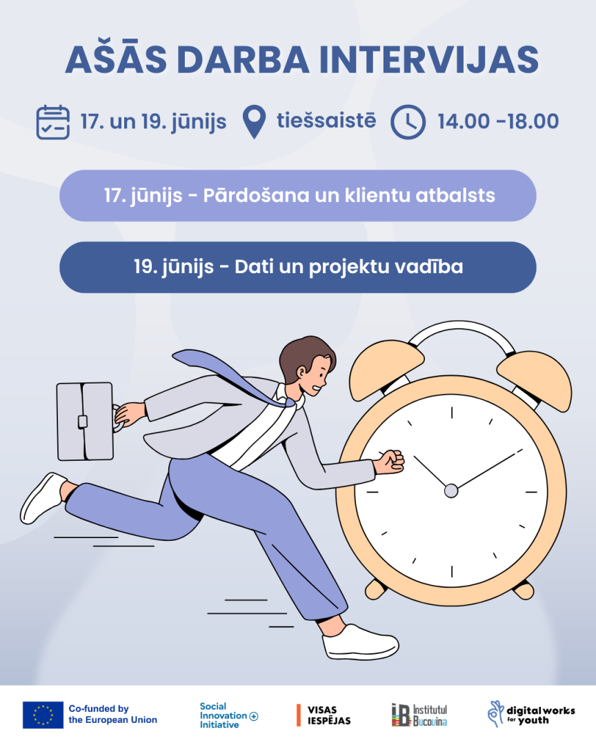 Ilustrācija ar jaunieti, kas skrien uz darbu