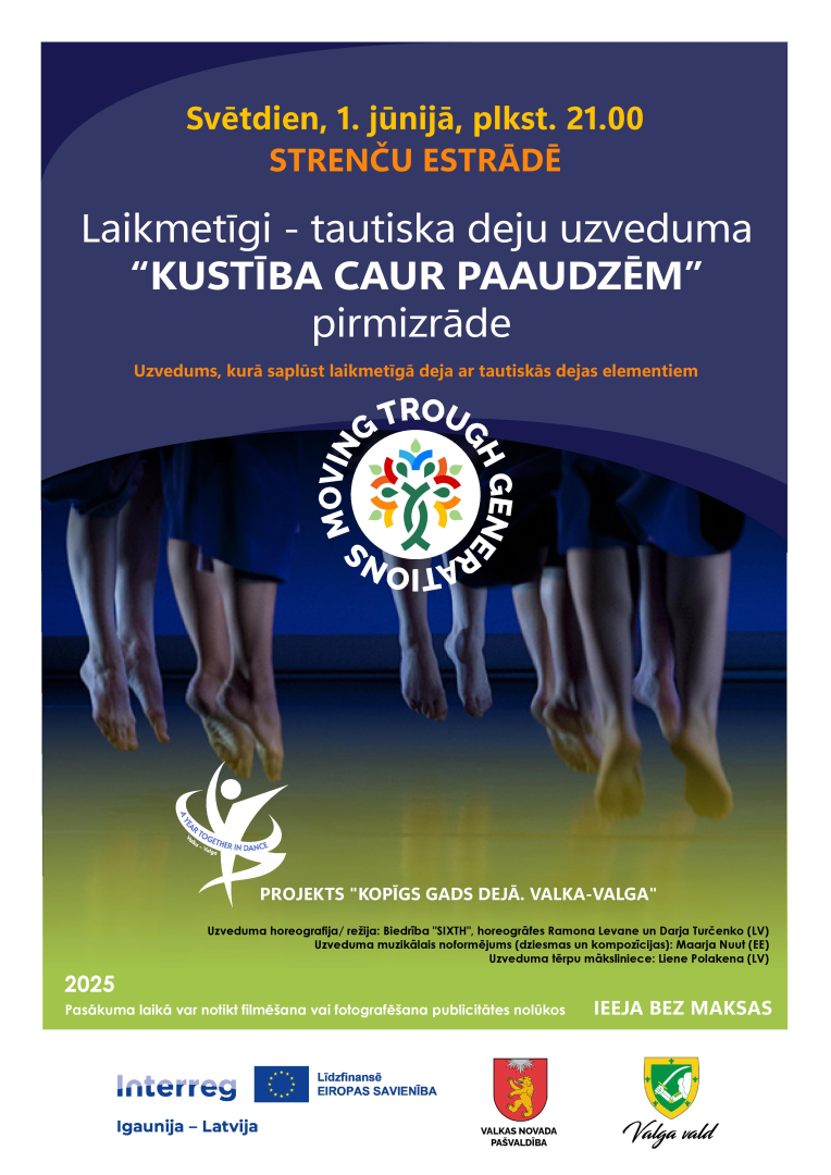 Zila un zaļa afiša ar pasākuma norises laiku Strenčos