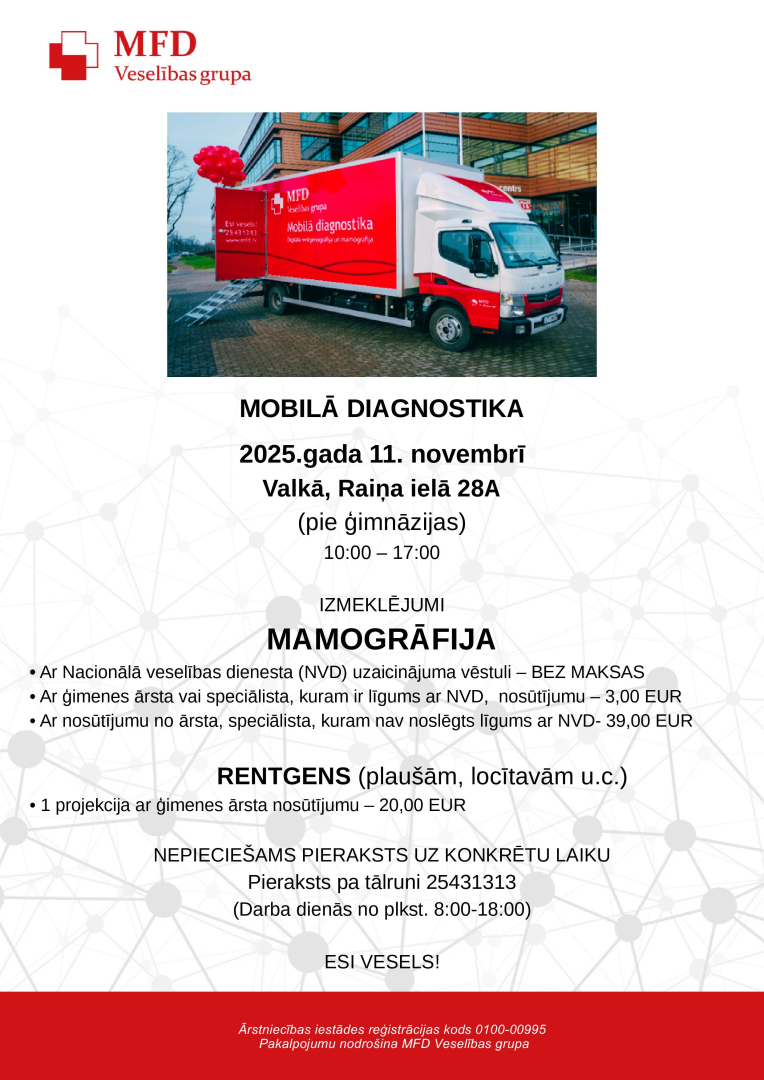 Mobilā diagnostika afiša ar informāciju 