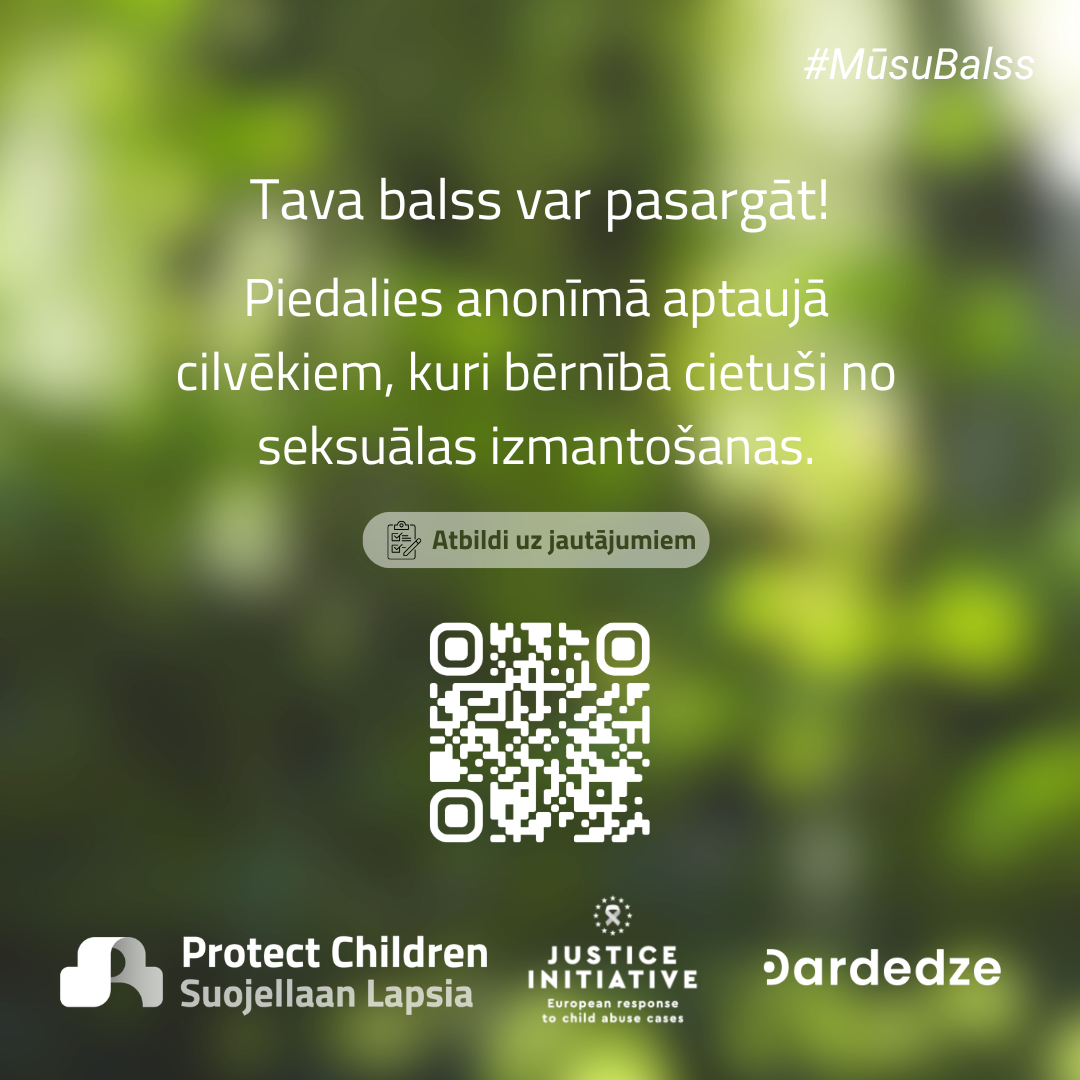 Zaļs baneris ar QR kodu un aicinājumu piedalīties aptaujā