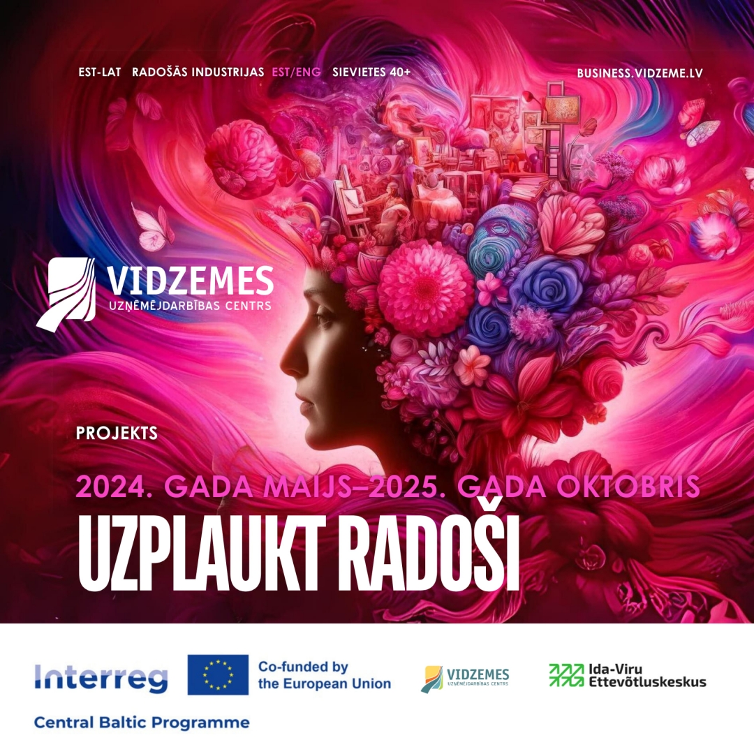Baneris ar sievietes profilu un rozā puķēm
