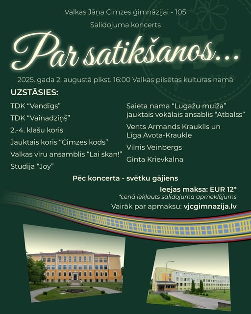 Tumši zaļa afiša ar skolas ēku fotogrāfijām