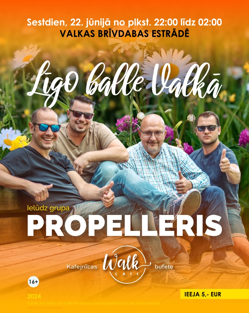 Oranža afiša ar grupas "Propelleris" mūziķiem