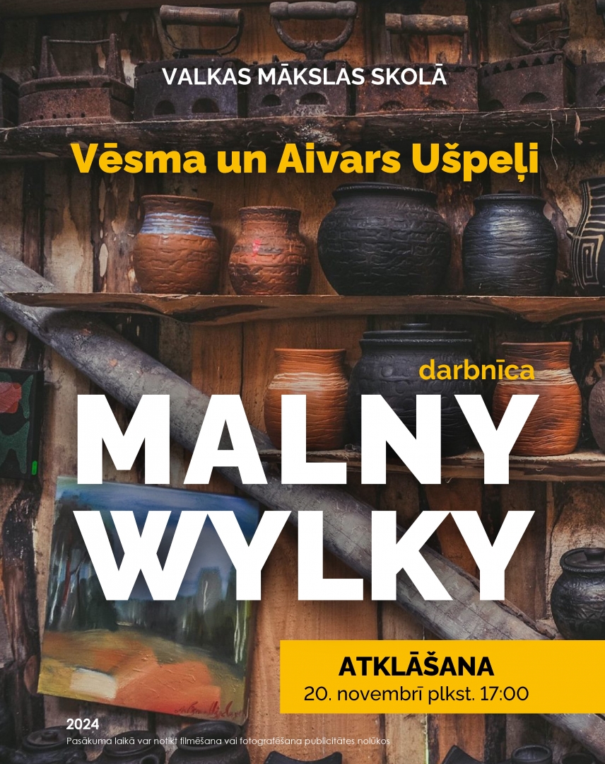 Izstādes nosaukums uz fona bildes ar māla un keramikas izstādājumiem