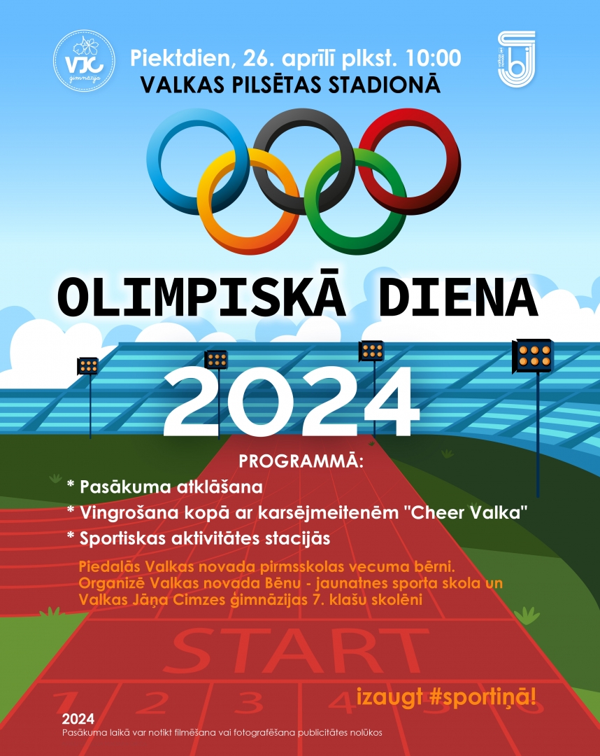 Stilizēti zīmēts sporta stadions ar olimpiskajiem riņķiem