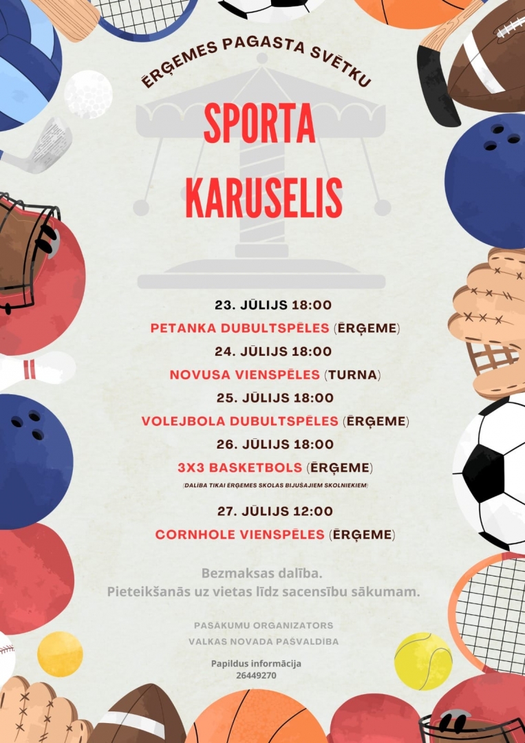 Afiša ar visa sporta veida bumbām un aprīkojumu 