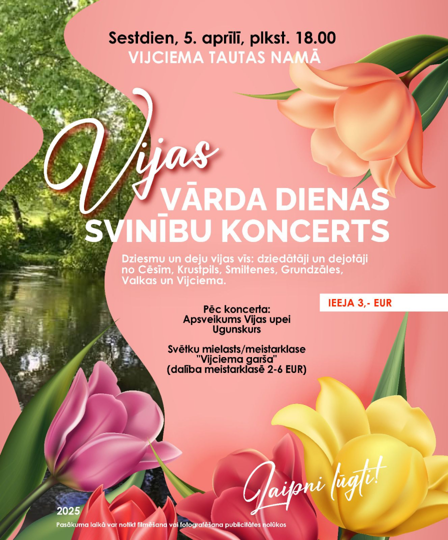 Rozā afiša ar puķu ilustrācijām un Vijas upes foto