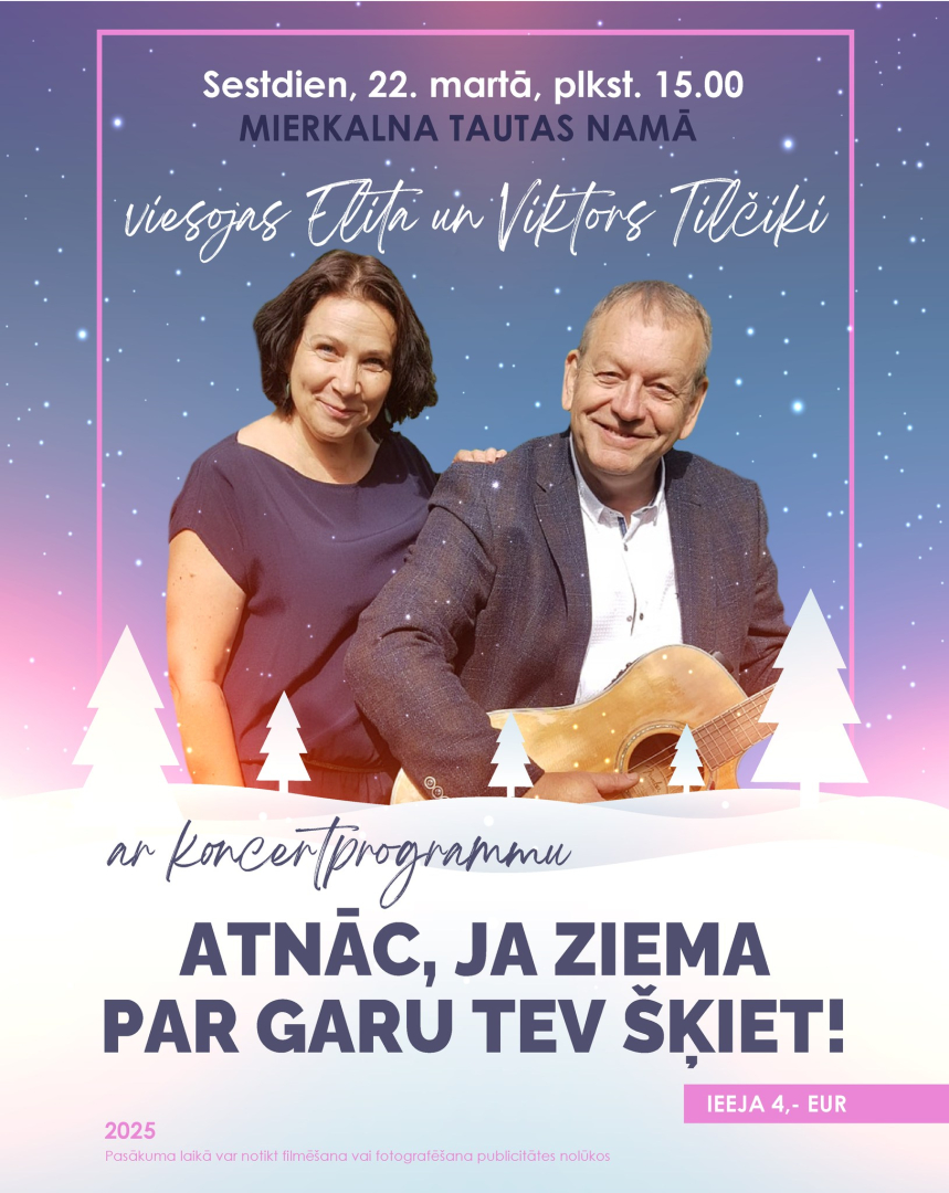 Smaidīgs vīrietis un sieviete uz ziemīga debesu fona