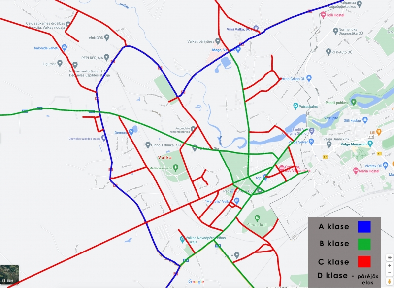 Karte ar ielu un ceļu kartēm un uzturēšanas klasēm, kuras apsaimnieko pašvaldība