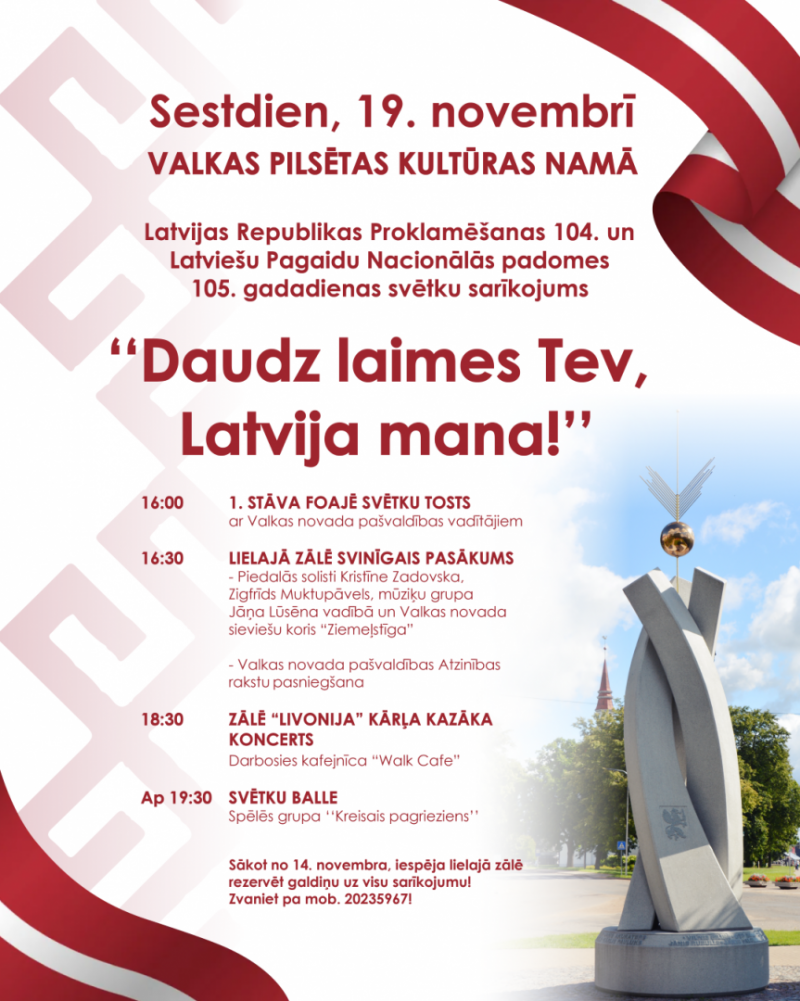 19. NOVEMBRĪ VALKĀ ATZĪMĒS LR PROKLAMĒŠANAS UN LPNP GADADIENAS SVĒTKUS