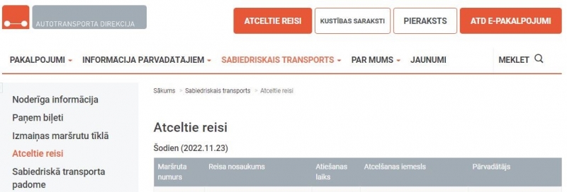 Autotransporta direkcijas mājas lapā turpmāk būs pieejama operatīvā informācija par atceltajiem reisiem