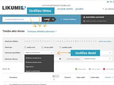 Portālā likumi.lv izvēlies tēmu, izvēlies domi