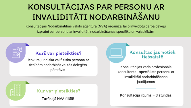 Darba devējus, kuri nodarbina vai plāno nodarbināt darbiniekus ar invaliditāti, aicinām piedalīties bezmaksas konsultācijās par personu ar invaliditāti nodarbināšanu
