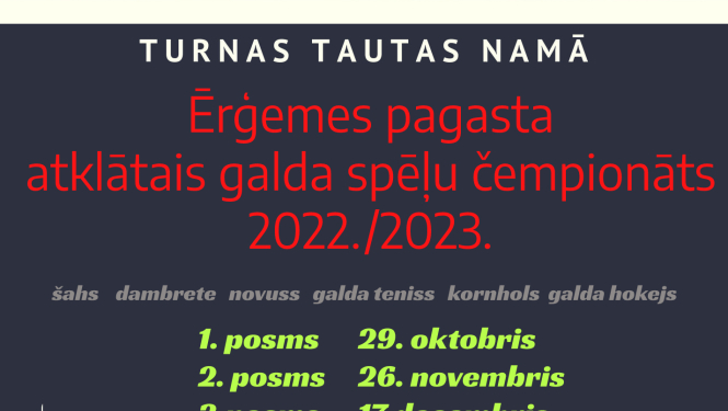 29.oktobrī startēs Ērģemes pagasta atklātā galda spēļu čempionāta 2022./2023. gada sezona