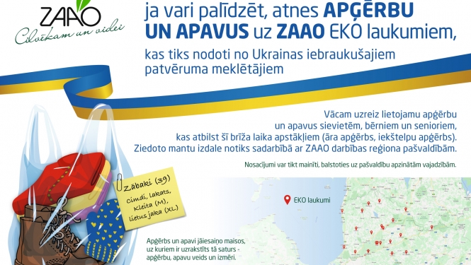 ZAAO EKO laukumos iedzīvotāji aicināti nodot apģērbu un apavus, kas tiks nodoti no Ukrainas iebraukušajiem patvēruma meklētājiem