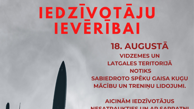 Iedzīvotāju ievērībai: 18. augustā Vidzemes teritorijā notiks sabiedroto spēka gaisa kuģu mācību un treniņu lidojumi