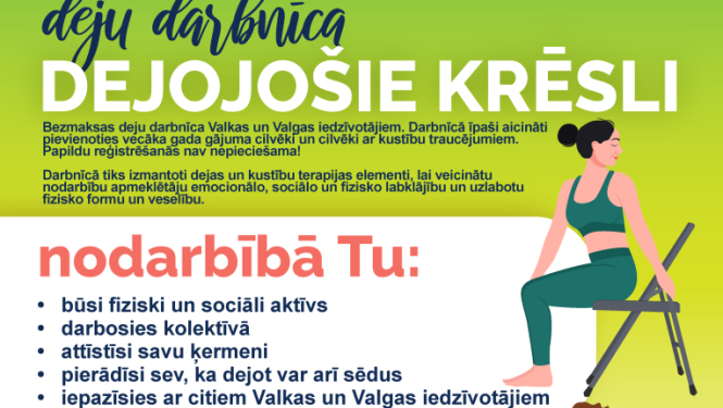 Krāsaina afiša ar tekstu un vingrotājiem krēslos un ratiņkrēslā
