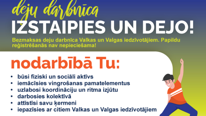 Krāsaina afiša ar aicinājuma tekstu un stilizētiem vingrotājiem