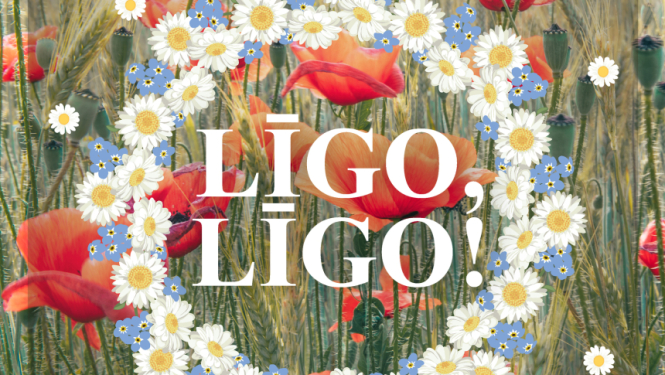 Puķu vainags ar tekstu "Līgo, līgo!"