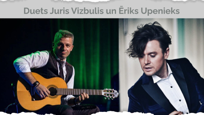 Divi vīriešu fotogrāfijas, viens no viņiem spēlē ģitāru.