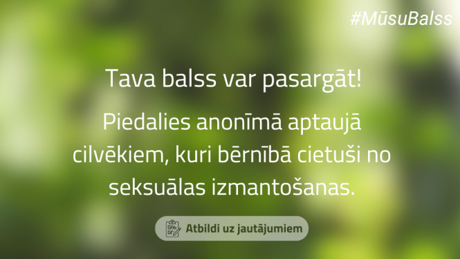Zaļs baneris ar QR kodu un aicinājumu piedalīties aptaujā