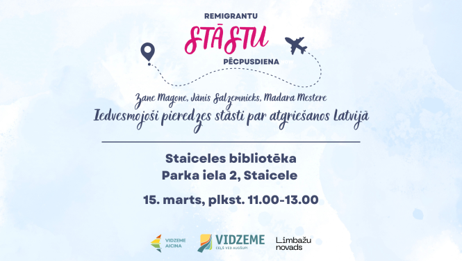 Gaiši zila afiša ar aicinājuma tekstu 