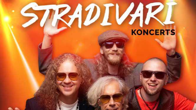Četri vīrieši ar saulesbrillēm uz oranža fona