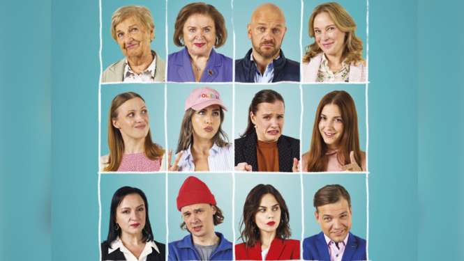 Divpadsmit cilvēku portreti uz zilganzaļa fona.