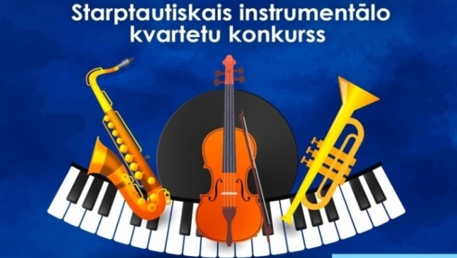 Zila afiša ar mūzikas instrumentiem vidū
