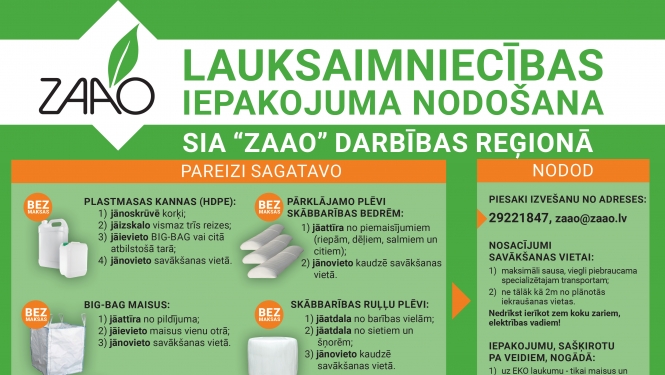 Nodod lauksaimniecībā izmantoto iepakojumu ZAAO bez maksas