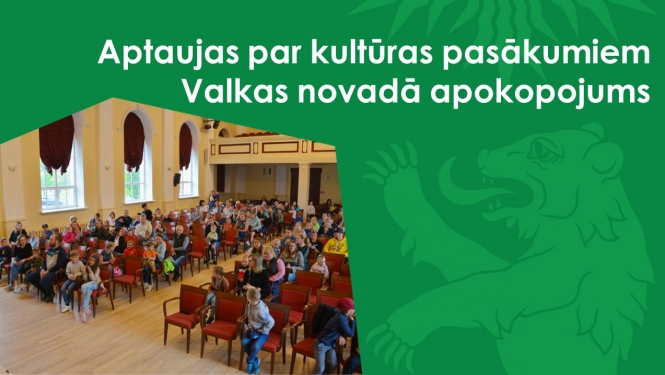 Baneris ar virsrakstu un attēlu, kurā atspoguļota Valkas pilsētas kultūras nama aktu zāle ar sēdošiem apmeklētājiem
