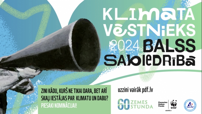 Iniciatīvas "Klimata vēstnieks 2024" baneris ar ruporu