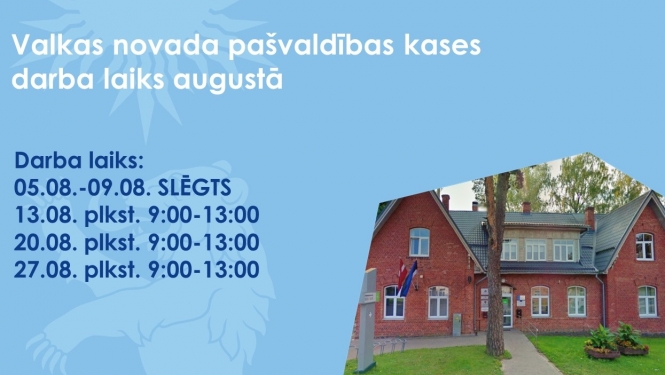 Zils baneris ar bildi, kurā redzama sarkana divstāvu ēka