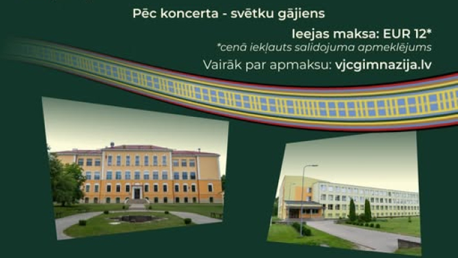 Tumši zaļa afiša ar skolas ēku fotogrāfijām