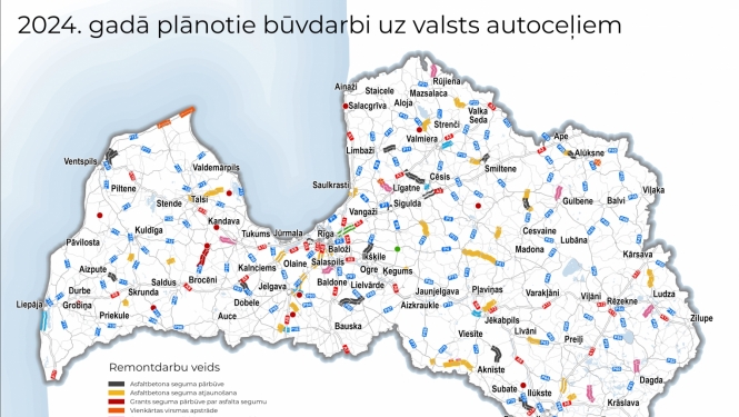Latvijas karte ar ceļu būvdarbeim