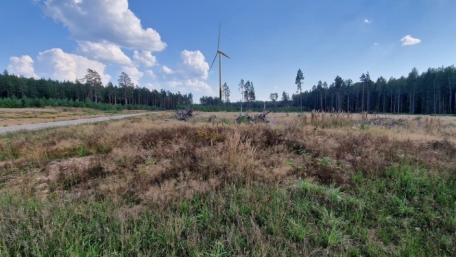 Ainavas ietekmes piemērs 0,6 km attālumā ar 250 m augstām turbīnām